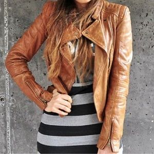 Zara Leather Moto Biker Jacket Cognac Camel S (fits like XS)